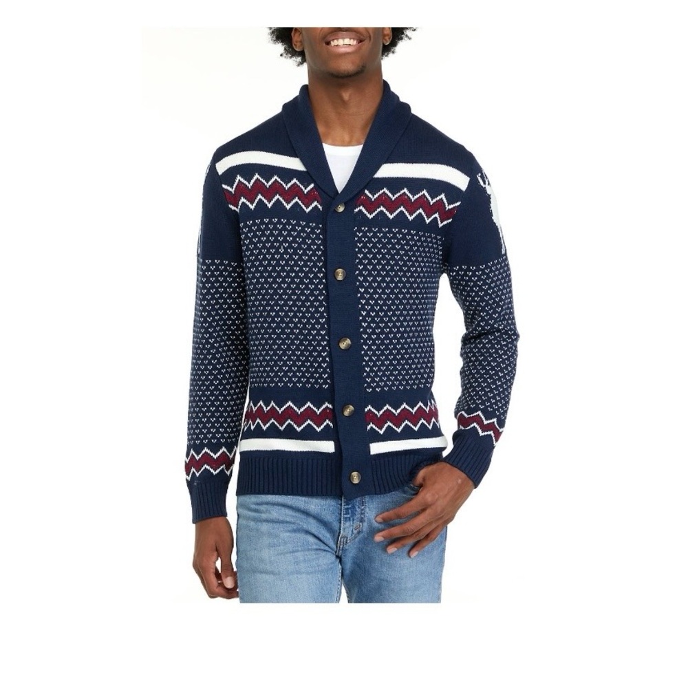 NWT Crown & Ivy Mens Fair Isle Shawl Cardigan Winter Reindeer Size Small